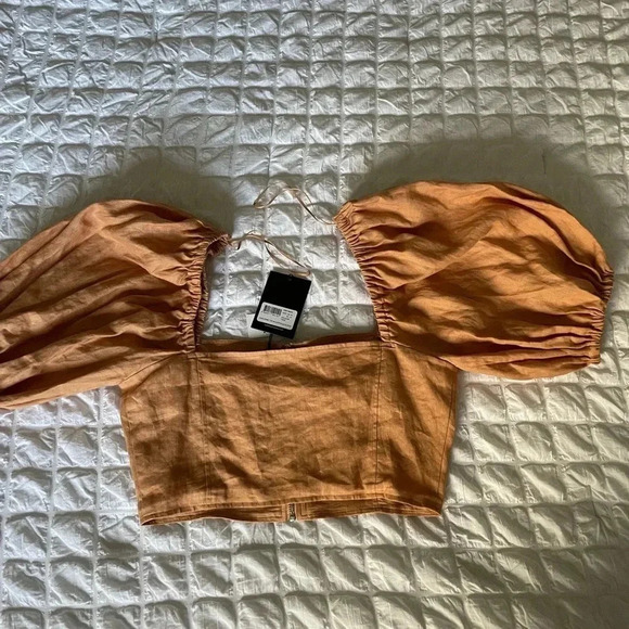 NICOLAS tan puff sleeve linen cotton top - Picture 8 of 11